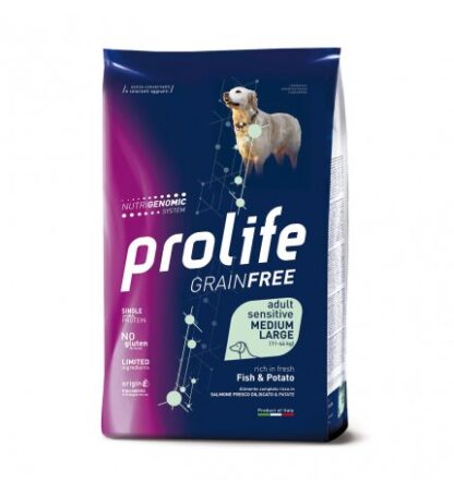 PROLIFE CANE ADULT MEDIUM LARGE SENSITIVE GRAIN FREE PESCE E PATATE DA 10 KG