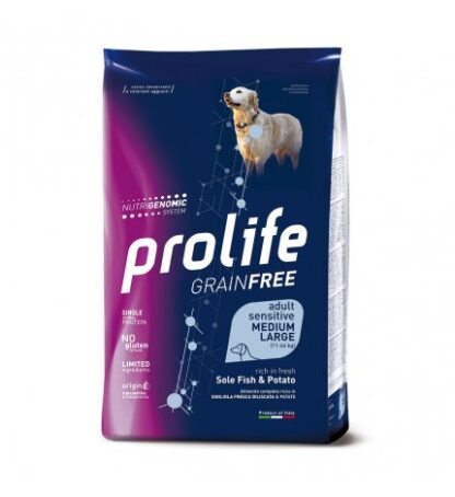 PROLIFE CANE ADULT MEDIUM LARGE SENSITIVE GRAIN FREE SOGLIOLA PESCE E PATATE DA 2,5 KG