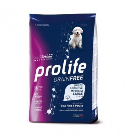 PROLIFE CANE PUPPY MEDIUM LARGE SENSITIVE GRAIN FREE SOGLIOLA PESCE E PATATE DA 2,5 KG