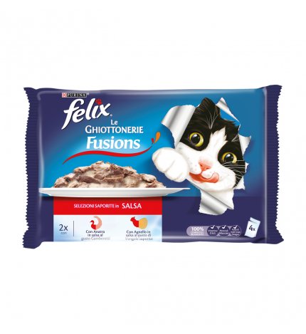 Purina felix agail gatto le ghiottonerie fusion con anatra e agnello in salsa 4 buste da 100 gr