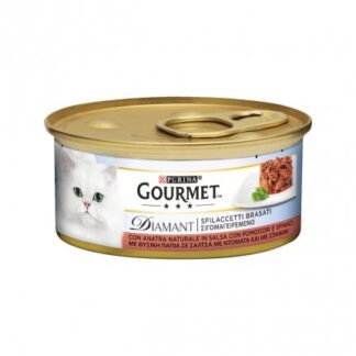 PURINA GOURMET DIAMANT GATTO SFILACCETTI BRASATI CON ANATRA POMODORO E SPINACI DA 85 GR IN LATTINA