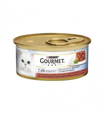 PURINA GOURMET DIAMANT GATTO SFILACCETTI BRASATI CON ANATRA POMODORO E SPINACI DA 85 GR IN LATTINA