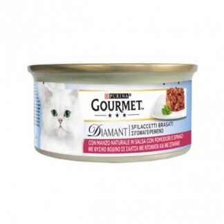 PURINA GOURMET DIAMANT GATTO SFILACCETTI BRASATI CON MANZO POMODORO E SPINACI DA 85 GR IN LATTINA