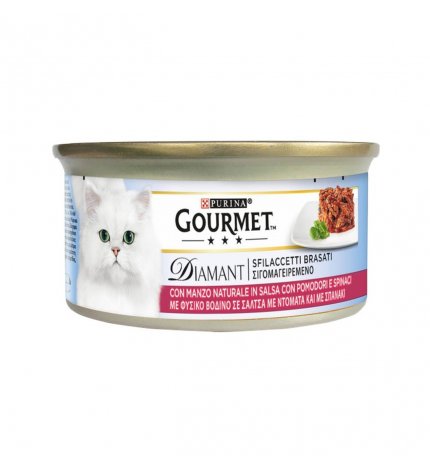 PURINA GOURMET DIAMANT GATTO SFILACCETTI BRASATI CON MANZO POMODORO E SPINACI DA 85 GR IN LATTINA