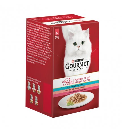 Purina gourmet mon petit gatto al tonno salmone e trota 6 buste da 50 gr