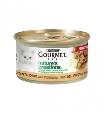 PURINA GOURMET NATURE'S CREATIONS GATTO TACCHINO CON SPINACI E PASTINACA DA 85 GR IN LATTINA