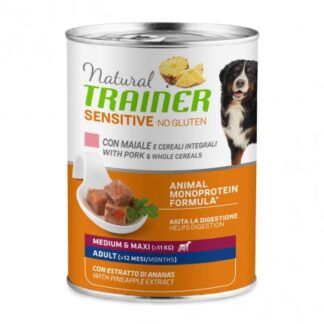 TRAINER CANE ADULT MEDIUM MAXI SENSITIVE PLUS AL MAIALE E CEREALI INTEGRALI DA 400 GR IN LATTINA