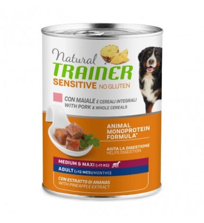 TRAINER CANE ADULT MEDIUM MAXI SENSITIVE PLUS AL MAIALE E CEREALI INTEGRALI DA 400 GR IN LATTINA