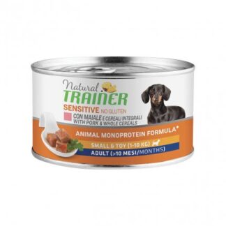 TRAINER CANE ADULT SMALL & TOY SENSITIVE AL MAIALE E CEREALI INTEGRALI NO GLUTEN DA 150 GR IN LATTINA