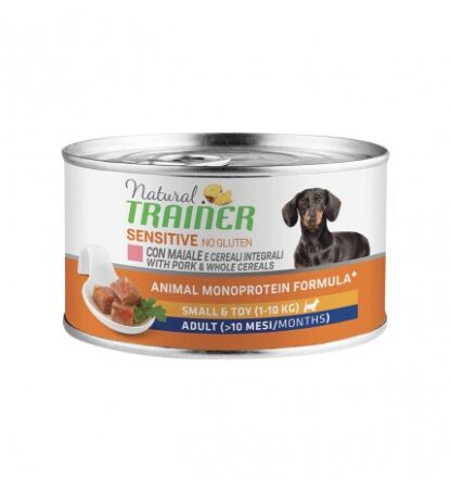TRAINER CANE ADULT SMALL & TOY SENSITIVE AL MAIALE E CEREALI INTEGRALI NO GLUTEN DA 150 GR IN LATTINA