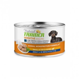 TRAINER CANE ADULT SMALL & TOY SENSITIVE ALLA TROTA E CEREALI INTEGRALI NO GLUTEN DA 150 GR IN LATTINA