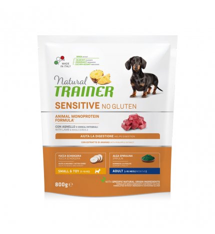 TRAINER CANE ADULT SMALL & TOY SENSITIVE NO GLUTEN CON AGNELLO E CEREALI INTEGRALI DA 800 GR