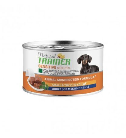 TRAINER CANE ADULT SMALL & TOY SENSITIVE PLUS ALL'AGNELLO E CEREALI INTEGRALI NO GLUTEN DA 150 GR IN LATTINA