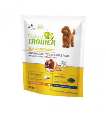 Trainer cane natural adult small & toy no gluten con prosciutto crudo e riso da 800 gr