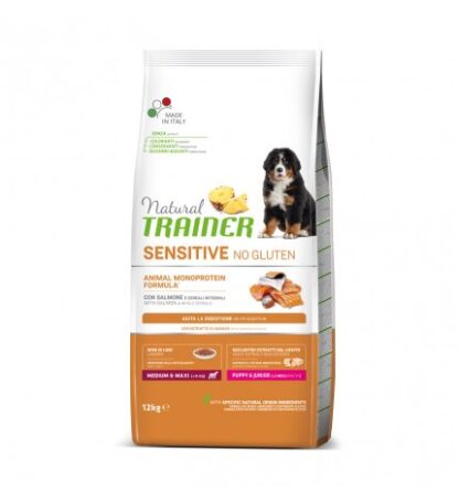 TRAINER CANE PUPPY & JUNIOR MEDIUM & MAXI SENSITIVE AL SALMONE NO GLUTEN DA 12 KG