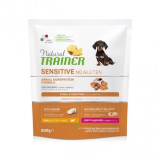 TRAINER CANE PUPPY & JUNIOR SMALL & TOY SENSITIVE NO GLUTEN CON SALMONE E CEREALI INTEGRALI DA 800 GR