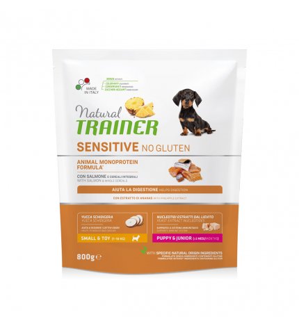 TRAINER CANE PUPPY & JUNIOR SMALL & TOY SENSITIVE NO GLUTEN CON SALMONE E CEREALI INTEGRALI DA 800 GR