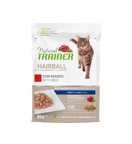 TRAINER GATTO NATURAL ADULT HAIRBALL CON MANZO BOCCONCINI IN SALSA DA 85 GR IN BUSTA