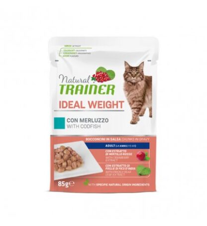 TRAINER GATTO NATURAL ADULT IDEAL WEIGHT CON MERLUZZO BOCCONCINI IN SALSA DA 85 GR IN BUSTA