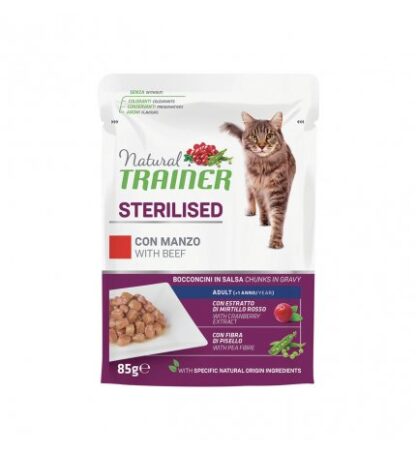 TRAINER GATTO NATURAL ADULT STERILIZZATO CON MANZO BOCCONCINI IN SALSA DA 85 GR IN BUSTA