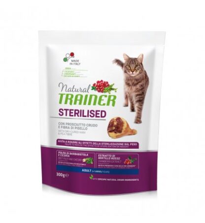 TRAINER GATTO NATURAL ADULT STERILIZZATO CON PROSCIUTTO CRUDO E FIBRA DI PISELLO DA 300 GR