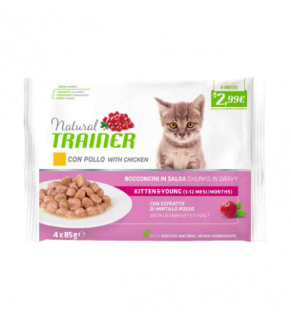 Trainer gatto natural kitten & young pollo fresco bocconcini in salsa 4 buste da 85 gr