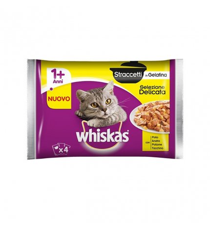 WHISKAS GATTO STRACCETTI SELEZIONE DELICATA CON POLLO ANATRA POLLAME TACCHINO 4 BUSTE DA 85 GR