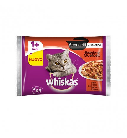 WHISKAS GATTO STRACCETTI SELEZIONE GUSTOSA CON POLLO MANZO AGNELLO POLLAME 4 BUSTE DA 85 GR