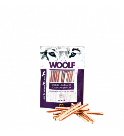WOOLF CANE SNACK SANDWICH LUNGO DI AGNELLO E MERLUZZO DA 100 GR