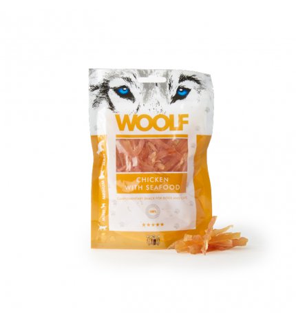WOOLF CANE SNACK STRACCETTI DI POLLO E FRUTTI DI MARE DA 100 GR