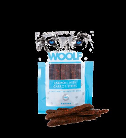 WOOLF CANE SNACK STRISCE DI SALMONE E CAROTE DA 100 GR