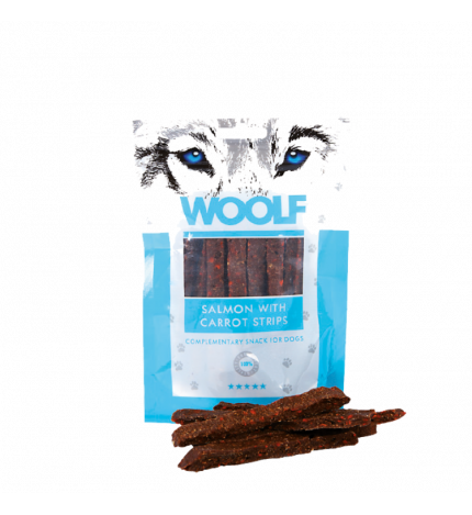 WOOLF CANE SNACK STRISCE DI SALMONE E CAROTE DA 100 GR