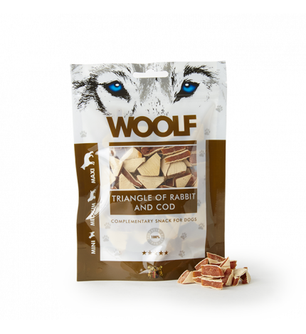 WOOLF CANE SNACK TRIANGOLINI DI CONIGLIO E MERLUZZO DA 100 GR